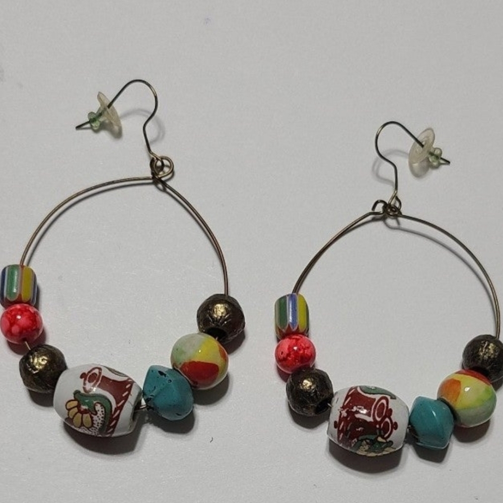 Boho Hoop Pierced Earrings Antique Gold and Multicolored Fun!